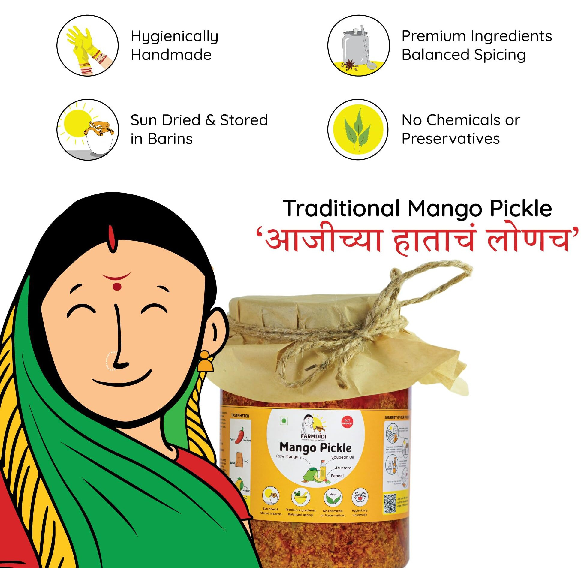 FarmDidi Mango Pickle 1kg Mango Pickles Homemade | Traditional Indian Achar | Less Oil Aam ka achar home made Pickle in fresh | Dry Sukha Aam Ka Achaar made with Organic Methods & Preservative free