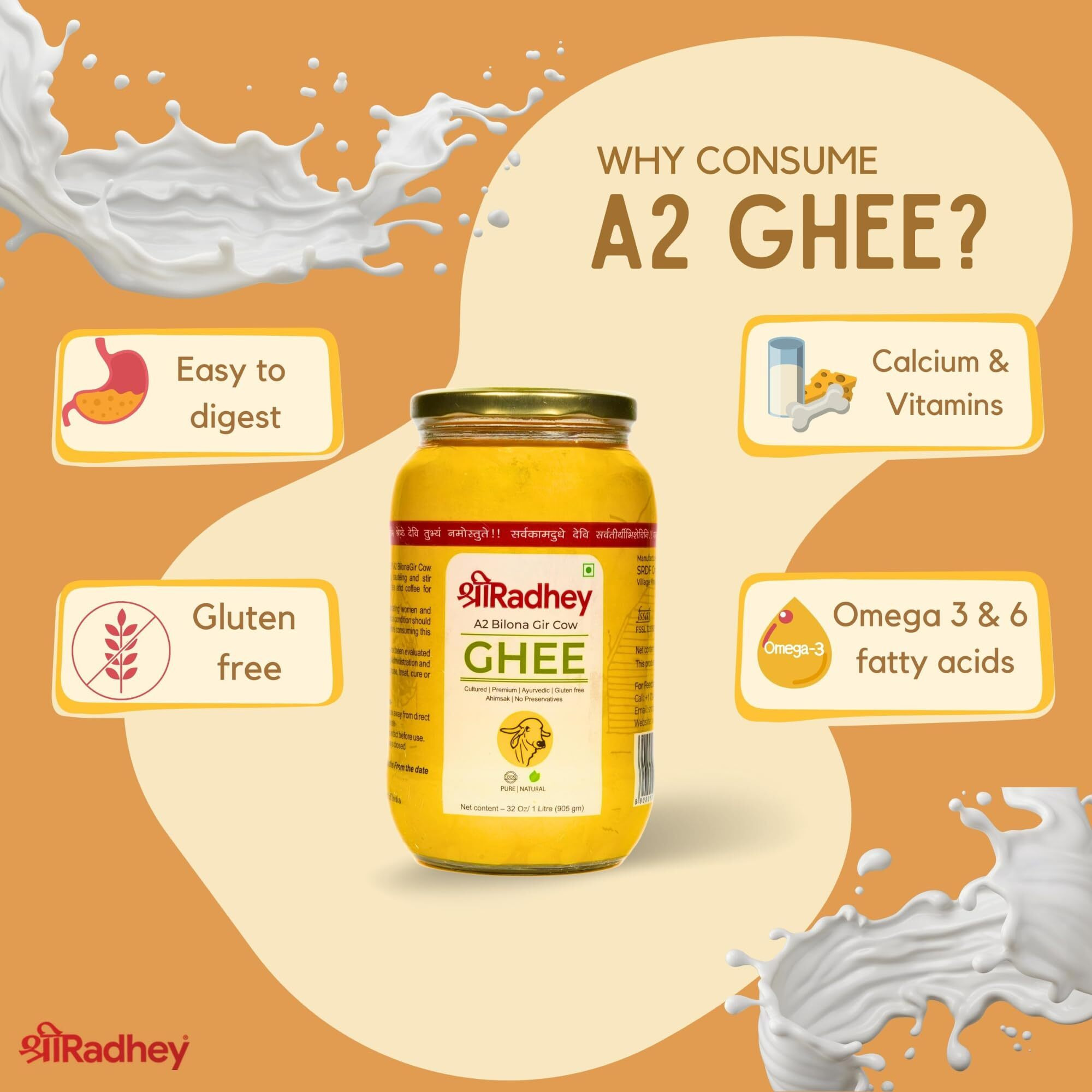 SHREERADHEY A2 Bilona Gir Cow Ghee Traditional Bilona Method, 1 Litre Glass Bottle