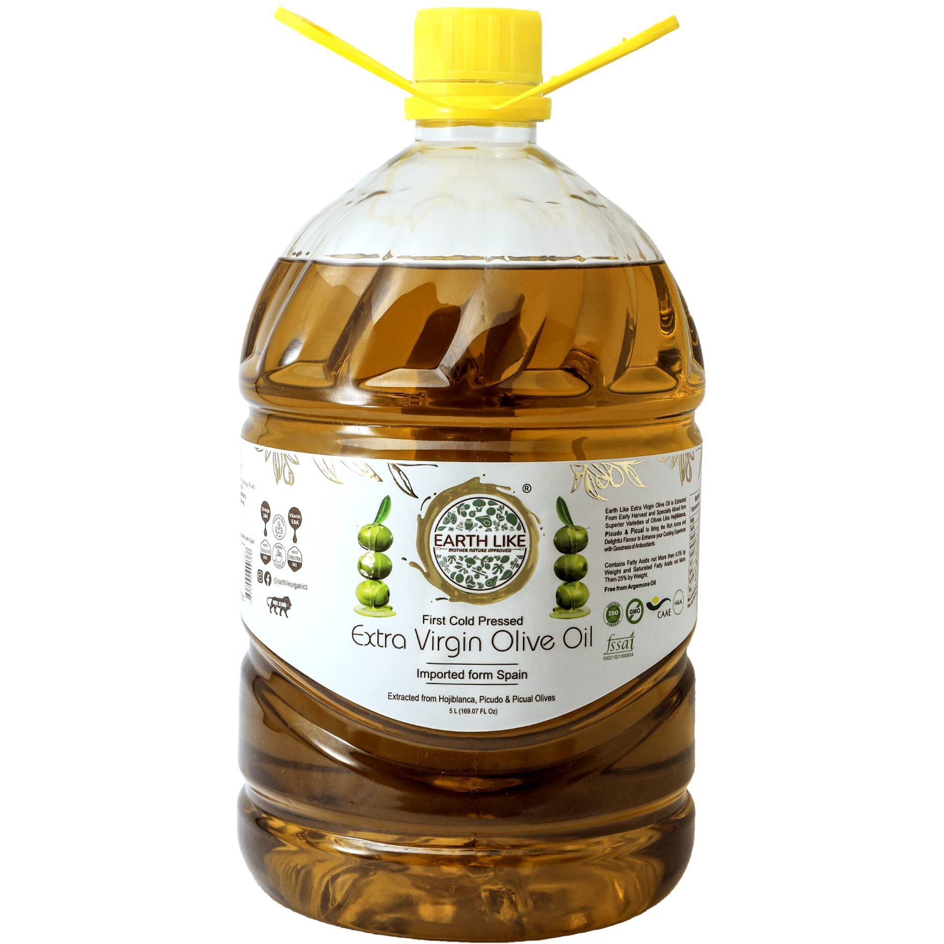 EARTH LIKE Extra Virgin Olive Oil (5 Litre) Imported Premium Cold Pressed & Raw Edible Cooking Oil | Ideal for Skin & Hair Care, Baby Massage and Everday Healthy Cooking
