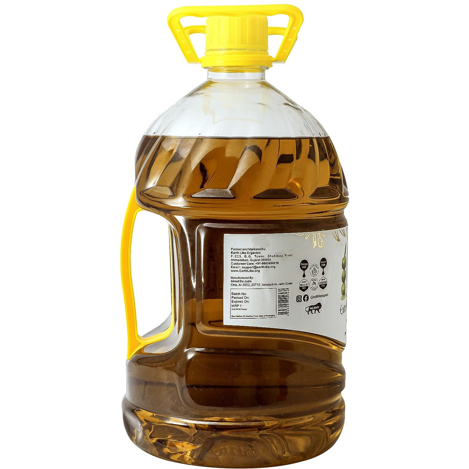 EARTH LIKE Extra Virgin Olive Oil (5 Litre) Imported Premium Cold Pressed & Raw Edible Cooking Oil | Ideal for Skin & Hair Care, Baby Massage and Everday Healthy Cooking