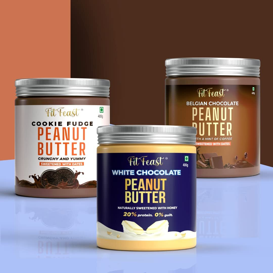 FitFeast Peanut Butter Combo | White Chocolate, Belgian Chocolate and Cookie Fudge Peanut Butter | No Trans Fats | Contains Dates/Honey | Antioxidant Rich | Many Health Benefits (Pack of 6)