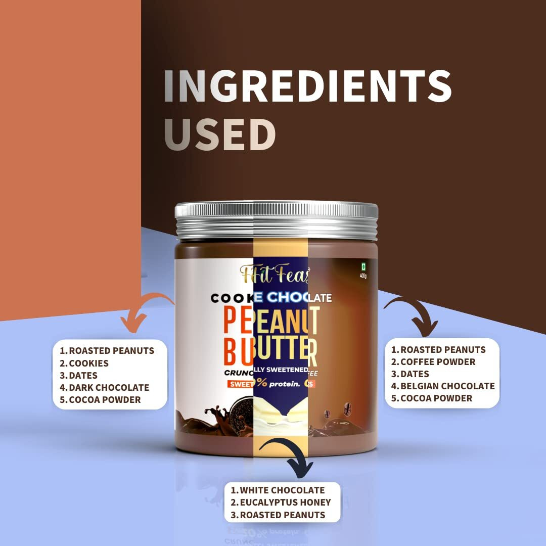FitFeast Peanut Butter Combo | White Chocolate, Belgian Chocolate and Cookie Fudge Peanut Butter | No Trans Fats | Contains Dates/Honey | Antioxidant Rich | Many Health Benefits (Pack of 6)