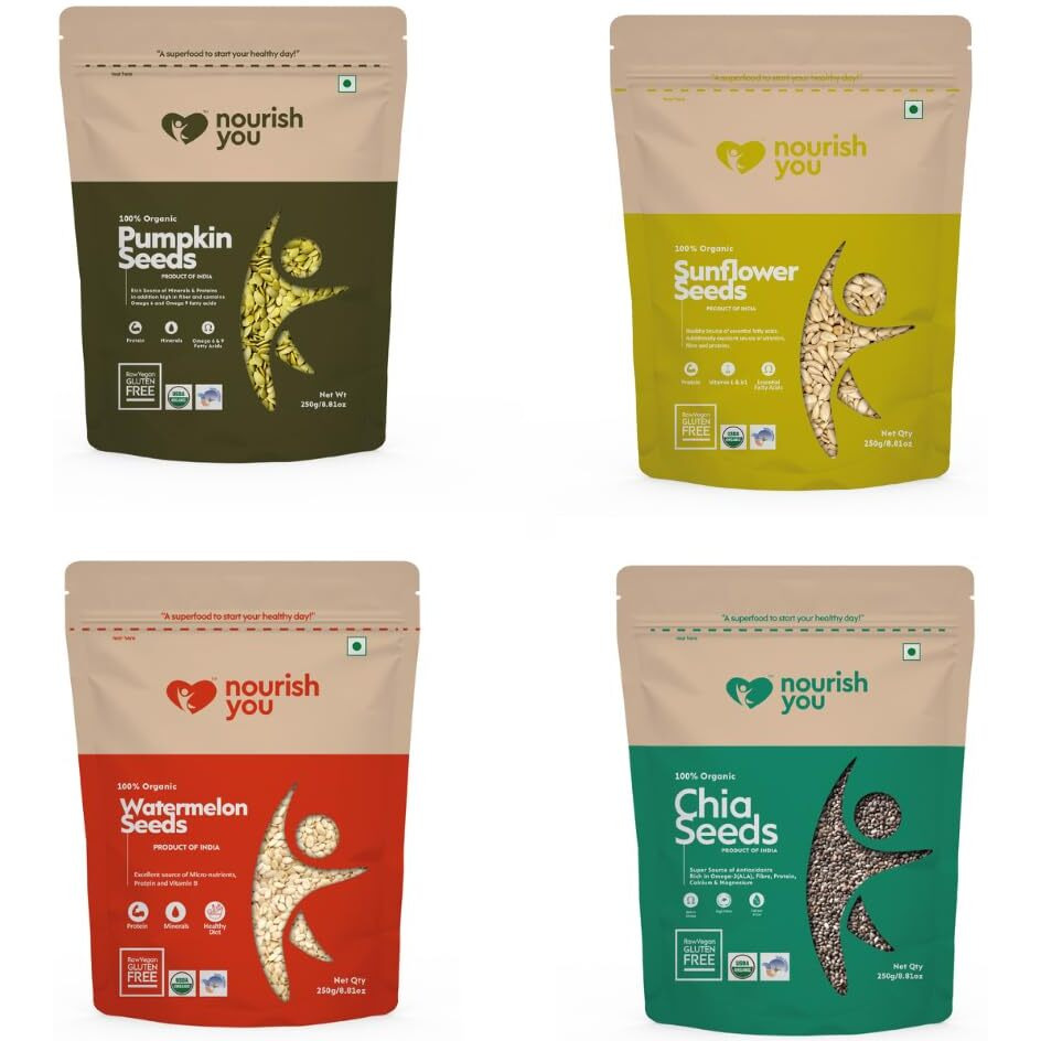 Nourish You Healthy Seeds Combo 1kg | Jumbo Pumpkin, Jumbo Sunflower, Watermelon Seeds, Chia Seeds (250g Each Pack) | Seeds for Eating | Immunity Booster Diet | Protein and Rich in Fibre