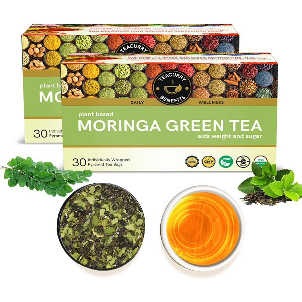 TEACURRY Moringa Green Tea - 60 Tea Bags | Helps With Skin Glow, Weight | Moringa Tea Bags | 100% Natural, 100 Gm