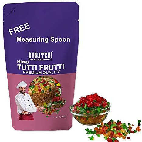 BOGATCHI Mixed Tutti Frutti for Cake, Ice Creams and Shakes Decorations, Mix Tutti Frutti Multicolor, Delicious and Tasty, 200g with Free Measuring Spoon