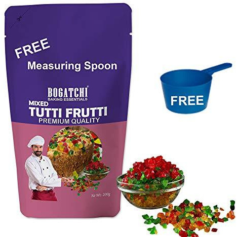 BOGATCHI Mixed Tutti Frutti for Cake, Ice Creams and Shakes Decorations, Mix Tutti Frutti Multicolor, Delicious and Tasty, 200g with Free Measuring Spoon