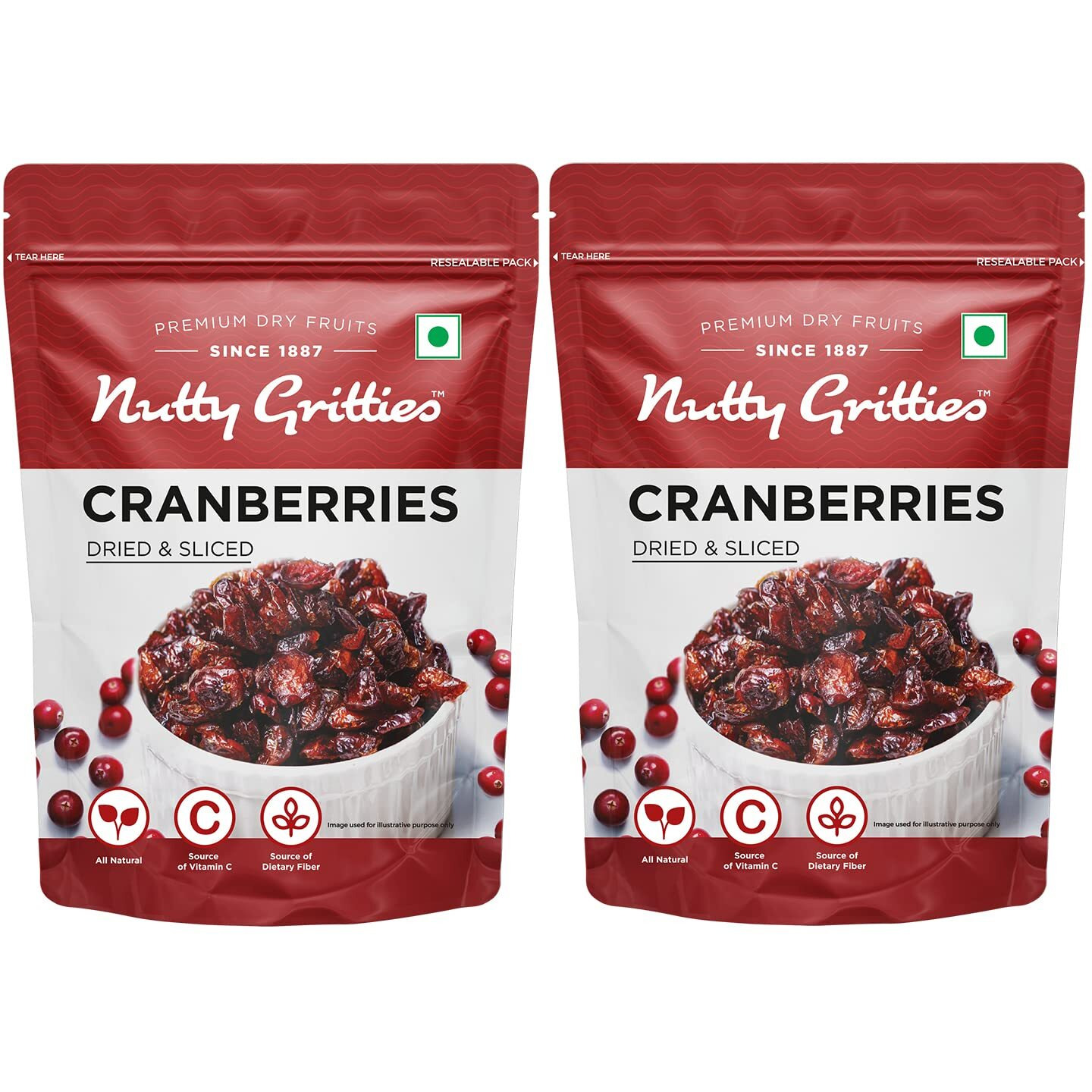Nutty Gritties Cranberries Cranberry Dried Sliced US Berries 400g, Healthy Snack for Kids and Adults, (Pack of 2 x 200g each)
