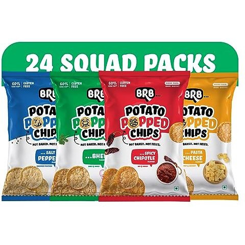 BRB Popped Potato Chips | Not Baked, Not Fried | 24 Packs X 48 Grams | 4 Flavours - Bhel (6), Spicy Chipotle (6), Salt & Pepper (6), Pasta Cheese (6) | 60% Less Fat | Low Calorie | Healthy Snack