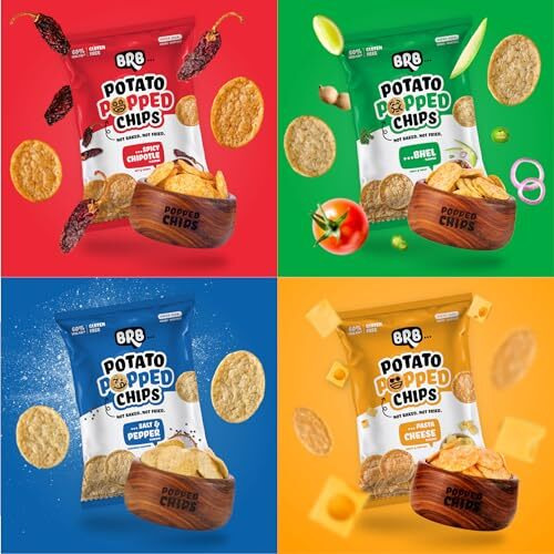 BRB Popped Potato Chips | Not Baked, Not Fried | 24 Packs X 48 Grams | 4 Flavours - Bhel (6), Spicy Chipotle (6), Salt & Pepper (6), Pasta Cheese (6) | 60% Less Fat | Low Calorie | Healthy Snack