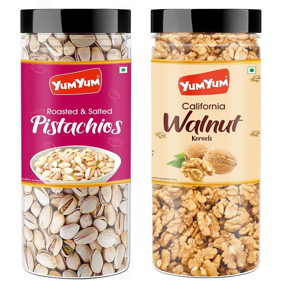 YUM YUM Dry Fruits 300g Combo Pack - Roasted Pista 150g, Akhrot Giri 150g Jar Each - Pistachios, Walnuts