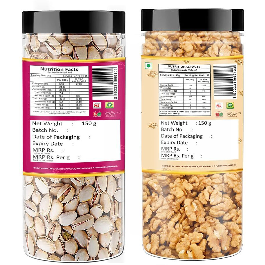 YUM YUM Dry Fruits 300g Combo Pack - Roasted Pista 150g, Akhrot Giri 150g Jar Each - Pistachios, Walnuts