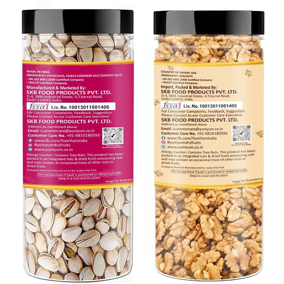 YUM YUM Dry Fruits 300g Combo Pack - Roasted Pista 150g, Akhrot Giri 150g Jar Each - Pistachios, Walnuts