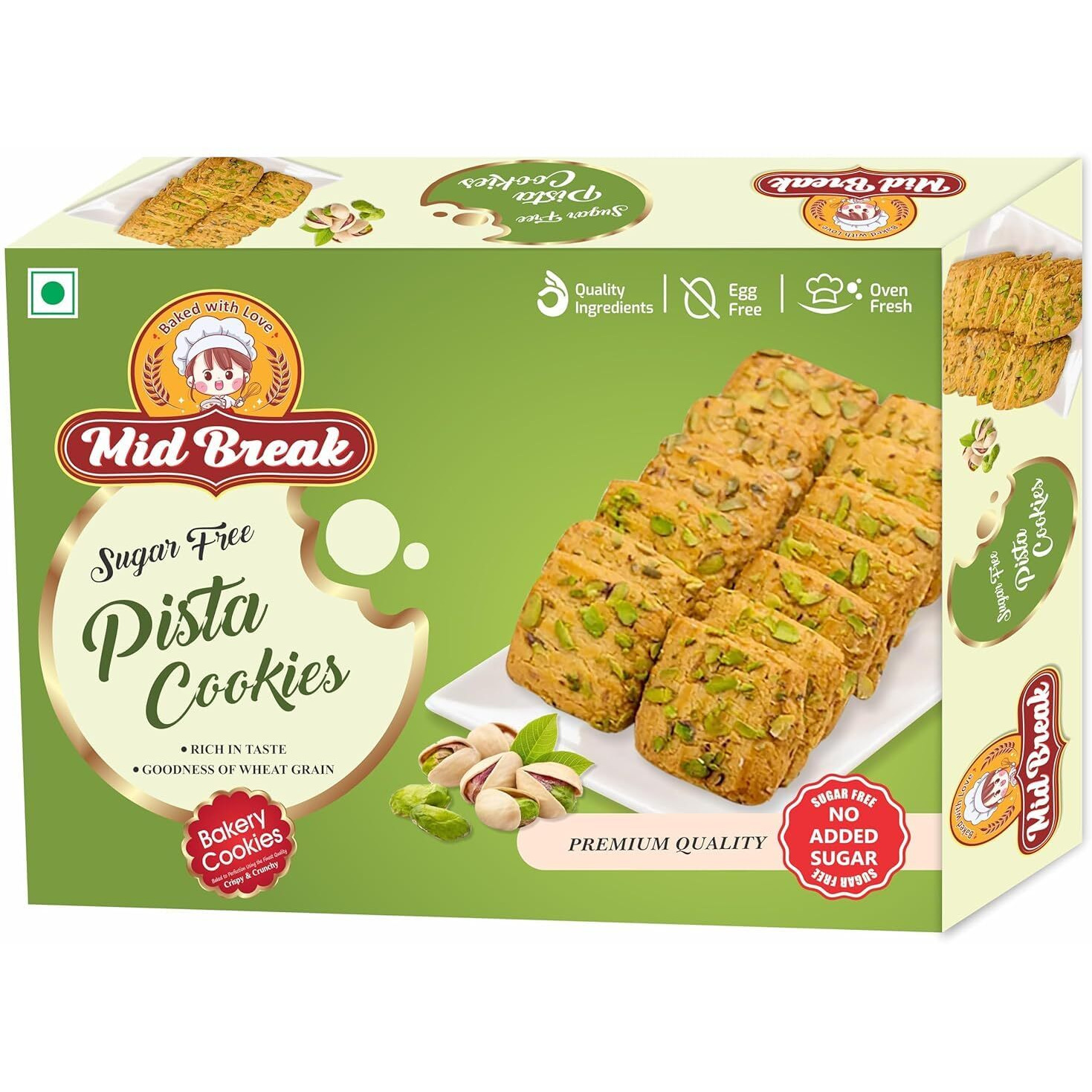 Midbreak Pista Delight - Sugar-Free Biscuits | Cookies Infused With Rich Pistachios | Low GI, Gut-Friendly And High in Fiber - Your Healthier Snacking Choice (300g x 4) Pack Of 4