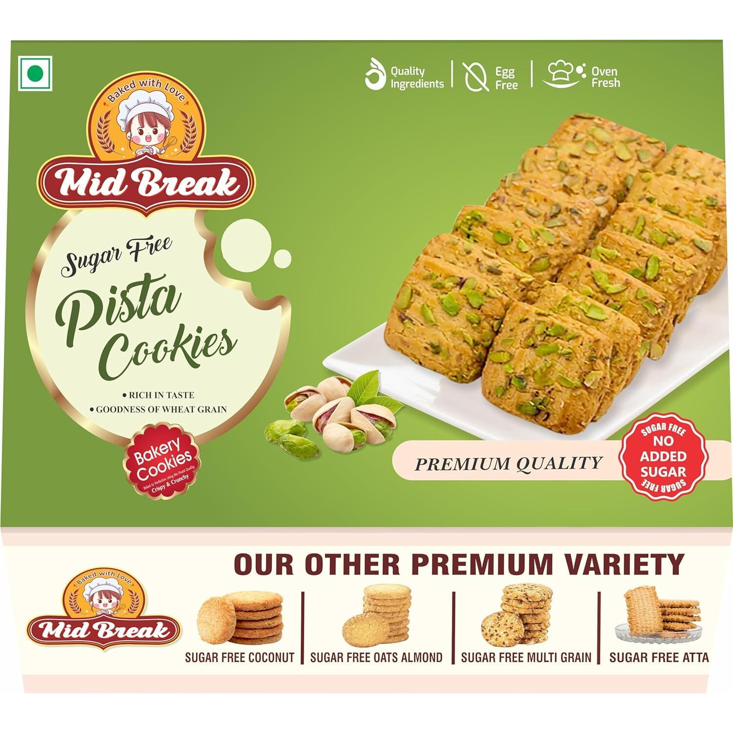 Midbreak Pista Delight - Sugar-Free Biscuits | Cookies Infused With Rich Pistachios | Low GI, Gut-Friendly And High in Fiber - Your Healthier Snacking Choice (300g x 4) Pack Of 4