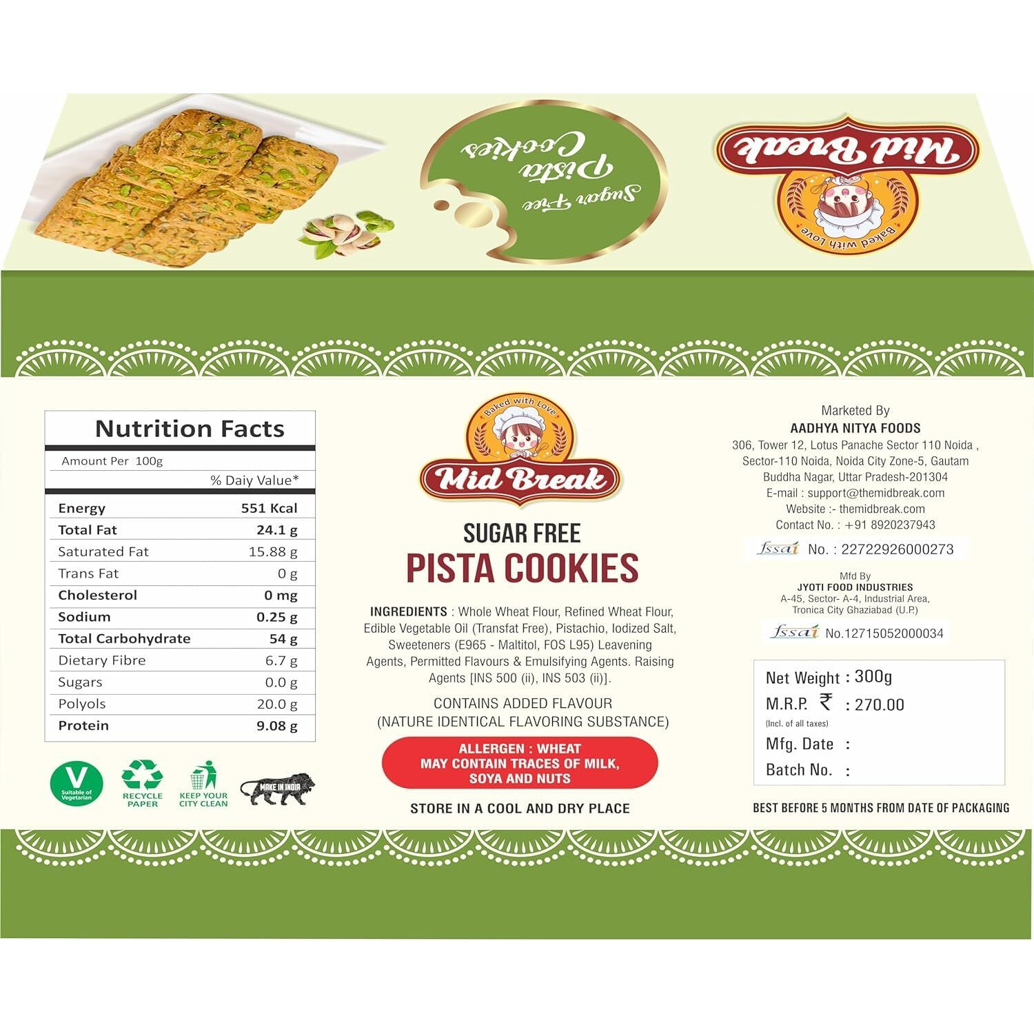Midbreak Pista Delight - Sugar-Free Biscuits | Cookies Infused With Rich Pistachios | Low GI, Gut-Friendly And High in Fiber - Your Healthier Snacking Choice (300g x 4) Pack Of 4
