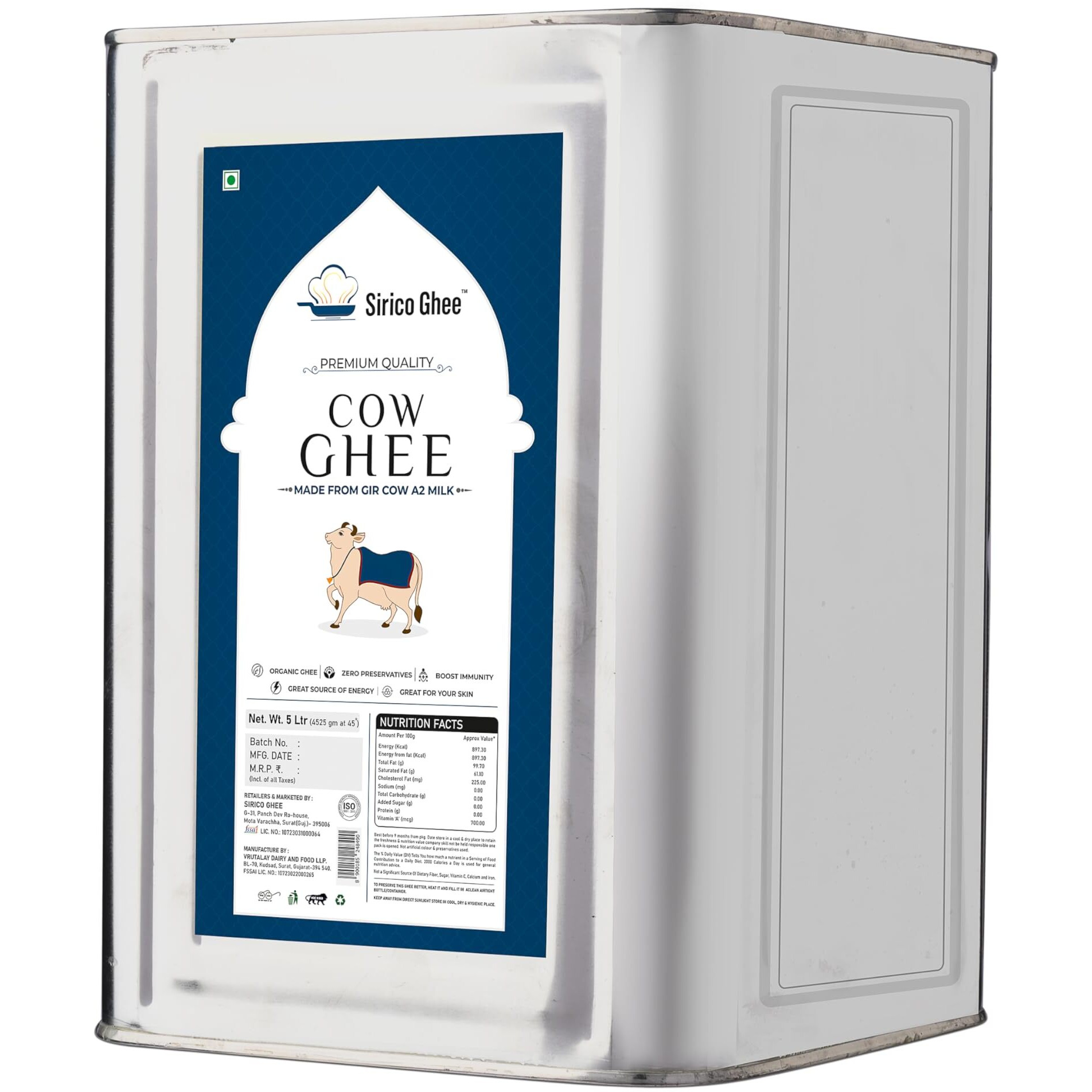 SIRICO GHEE Authentic A2 Desi Cow Ghee | Pure, Bilona, Gir Cow Ghee - Nutritious, And Delicious | Bilona Cow Ghee (5 Liter)