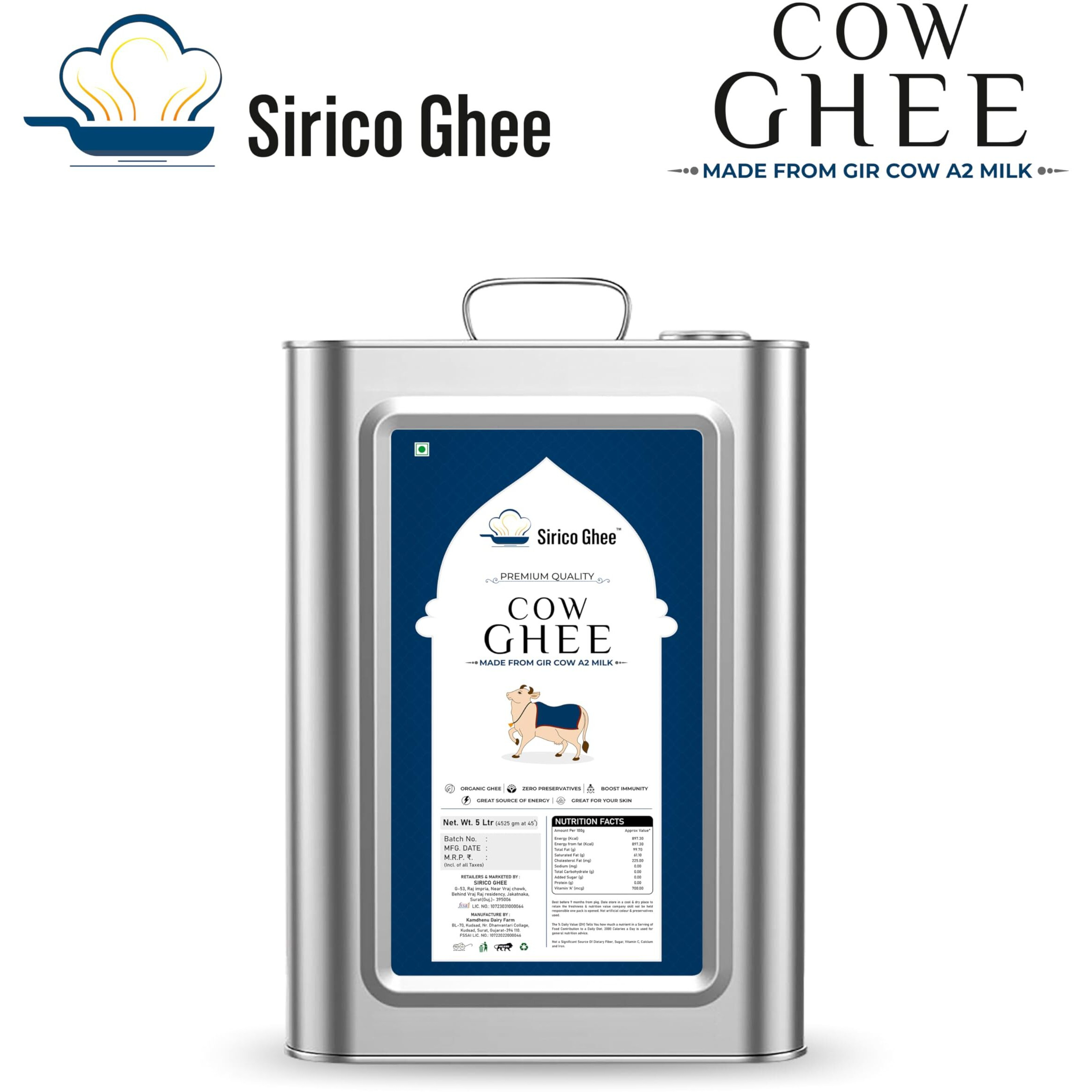 SIRICO GHEE Authentic A2 Desi Cow Ghee | Pure, Bilona, Gir Cow Ghee - Nutritious, And Delicious | Bilona Cow Ghee (5 Liter)