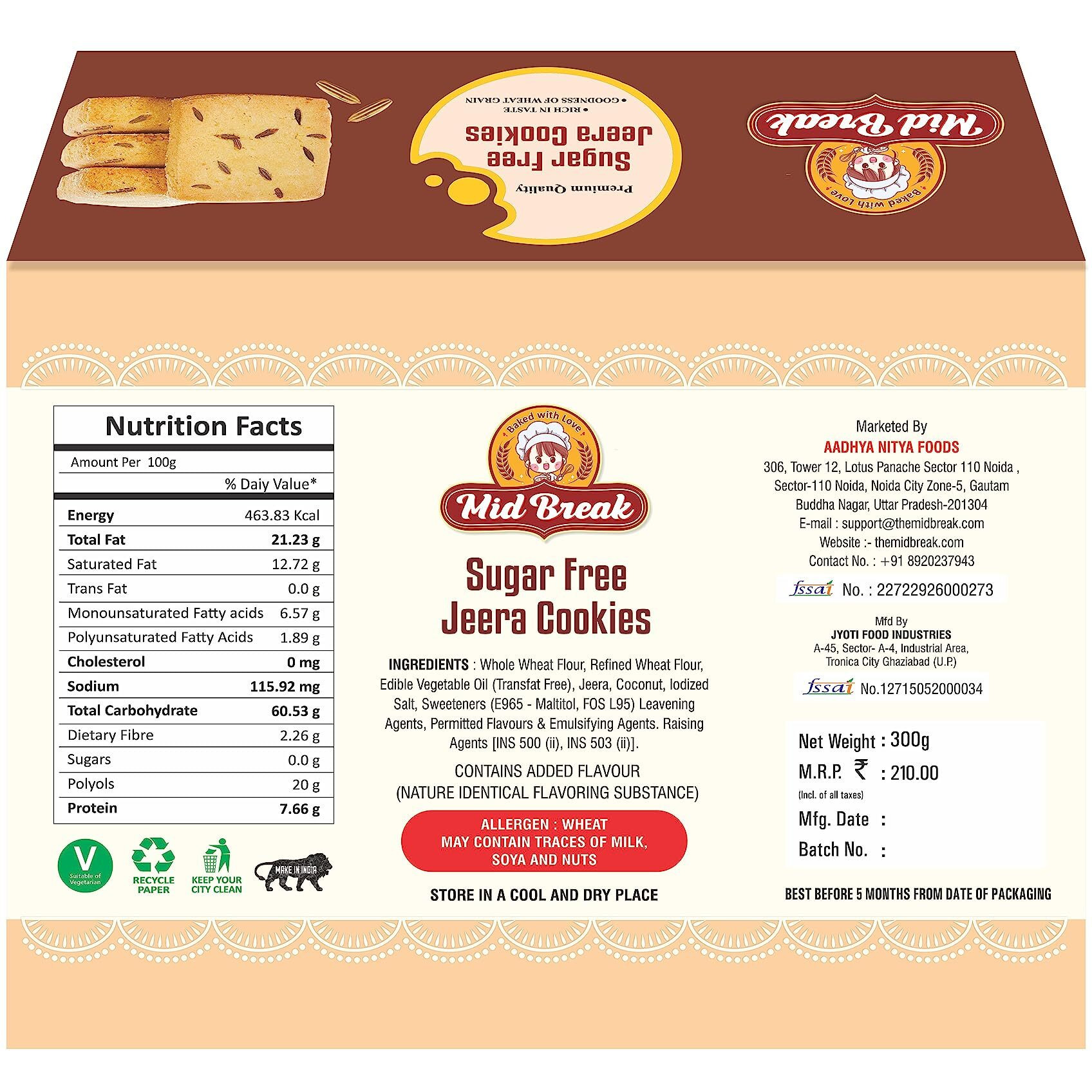 MidBreak Sugar Free Jeera Biscuits - High Fiber, Gut-Friendly, Low Glycemic Index Biscuits Tasty Snack Healthy Pack of 4