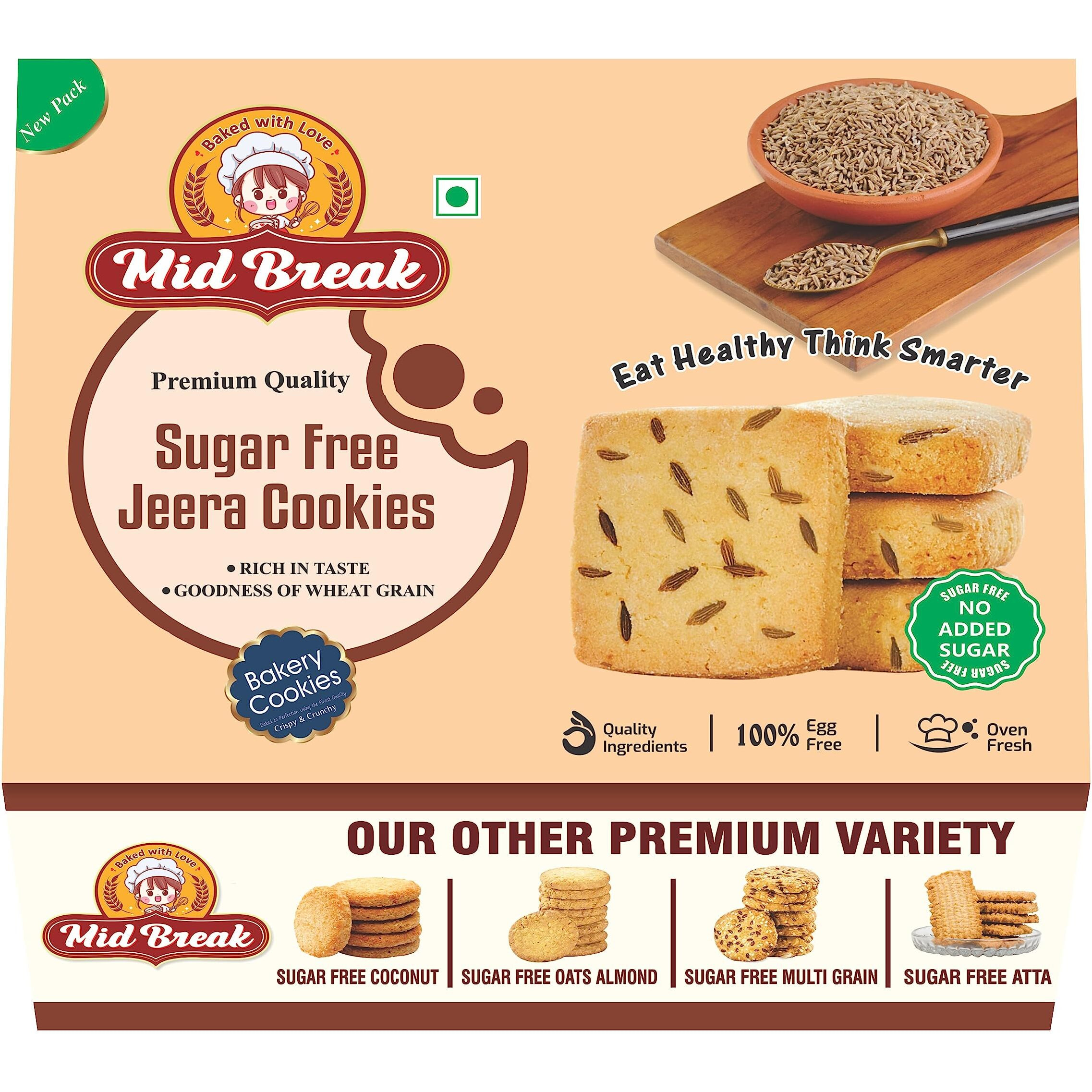 MidBreak Sugar Free Jeera Biscuits - High Fiber, Gut-Friendly, Low Glycemic Index Biscuits Tasty Snack Healthy Pack of 4