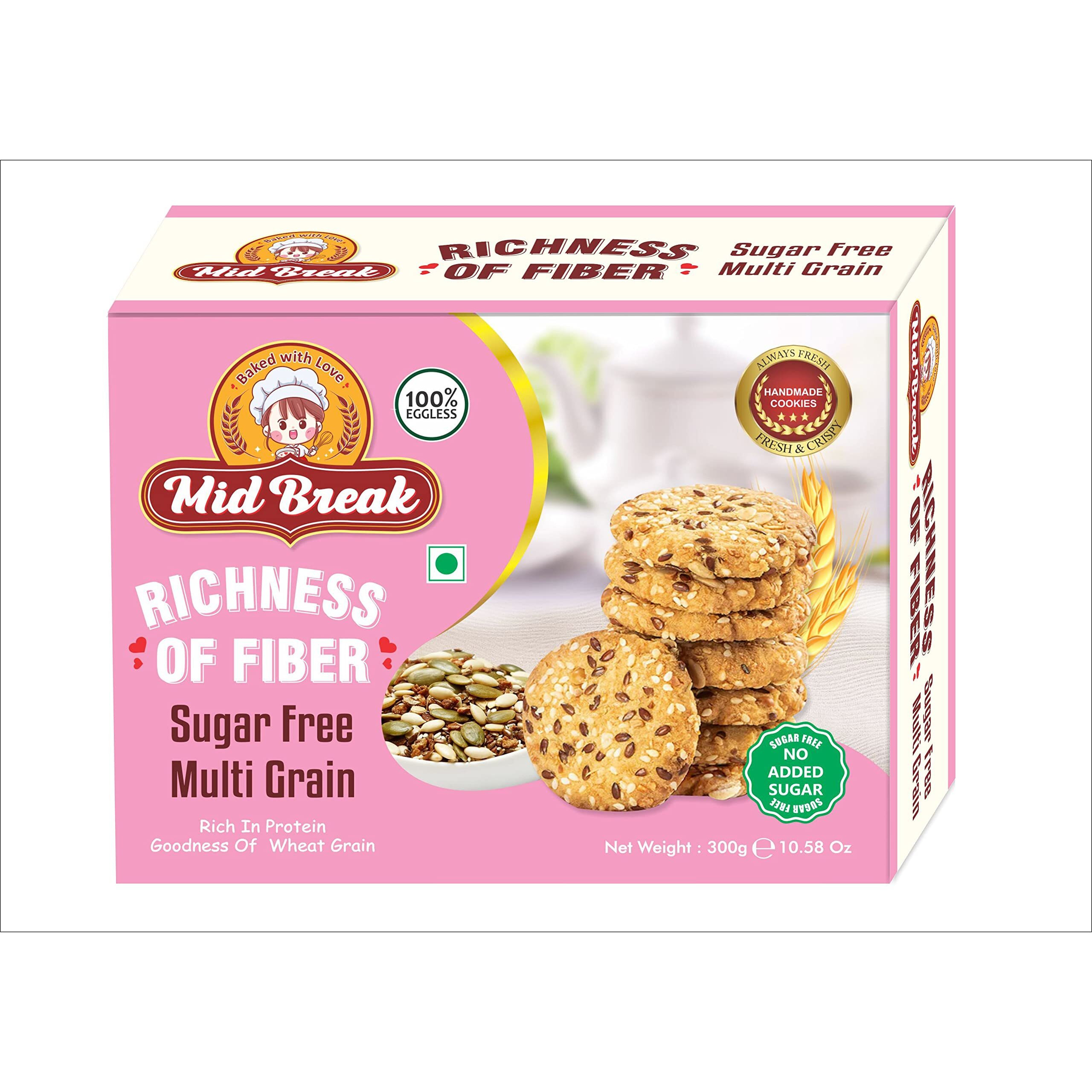 Mid Break - Sugar Free Multigrain Cookies | Multigrain Biscuits | Sugar Free Multigrain Biscuits | Premium Handmade Cookies | 300 Gm x 3 | Pack of 3