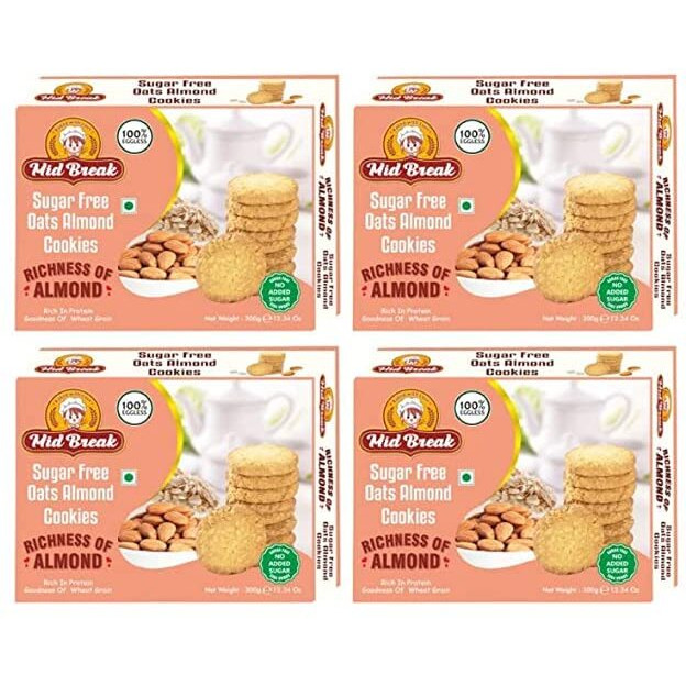 Midbreak - Sugar Free Oats Almonds Cookies | Sugar Free Oats Almonds Biscuits | Sugar Free Almond Cookies | Premium Handmade Cookies | 300 gms each | Pack of 4