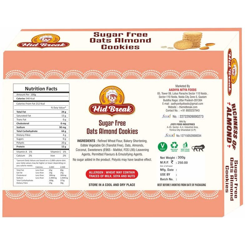 Midbreak - Sugar Free Oats Almonds Cookies | Sugar Free Oats Almonds Biscuits | Sugar Free Almond Cookies | Premium Handmade Cookies | 300 gms each | Pack of 4