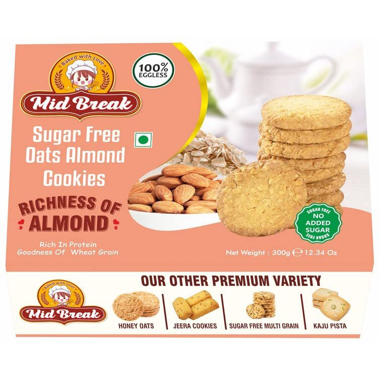Midbreak - Sugar Free Oats Almonds Cookies | Sugar Free Oats Almonds Biscuits | Sugar Free Almond Cookies | Premium Handmade Cookies | 300 gms each | Pack of 4