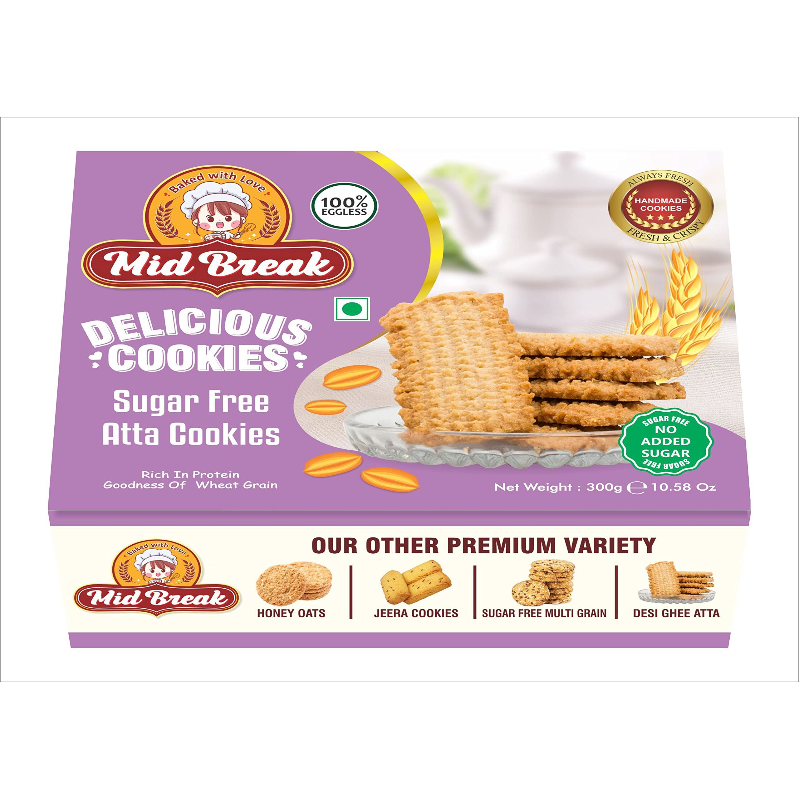 MidBreak - Sugar Free Atta Biscuits | Sugar Free Atta Cookies | Atta Biscuits | Premium Handmade Cookies | 300 Gm x 3 | Pack of 3