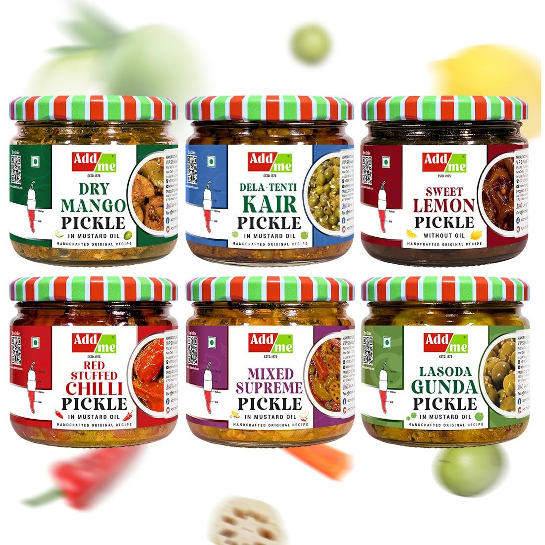 Add me Rajasthani Marwadi Pack 6 In 1 Dry Mango Pickle 300G+Lasoda Gunda Ka Achar 300G+Sweet Lemon Pickles Without Oil 350G+Tenti Kair Pickel 300G+Lal Mirch Bharwa Achaar 300G+Mixed Mix Pickles 300G