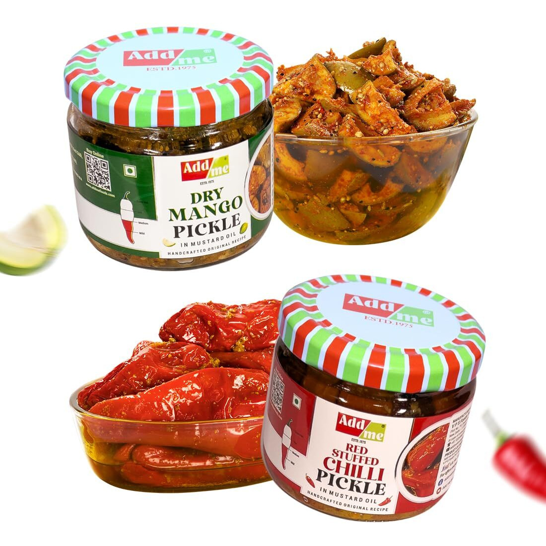 Add me Rajasthani Marwadi Pack 6 In 1 Dry Mango Pickle 300G+Lasoda Gunda Ka Achar 300G+Sweet Lemon Pickles Without Oil 350G+Tenti Kair Pickel 300G+Lal Mirch Bharwa Achaar 300G+Mixed Mix Pickles 300G