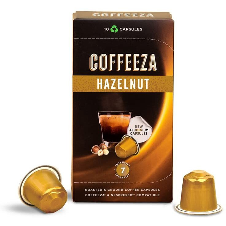 Coffeeza Hazelnut Flavoured Aluminium Coffee Capsules, Intensity - 7 |100% Arabica Coffee | Nespresso Compatible Coffee Pods | Box of 20 (200 Capsules)