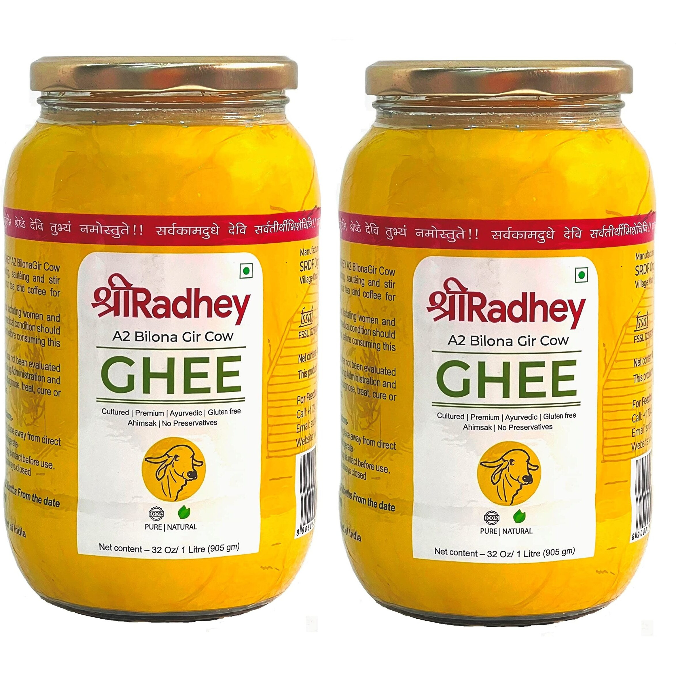 SHREERADHEY A2 Gir Cow Ghee | Glass Bottle | Traditional Bilona Churned | 1 Litre (Pack Of 2)