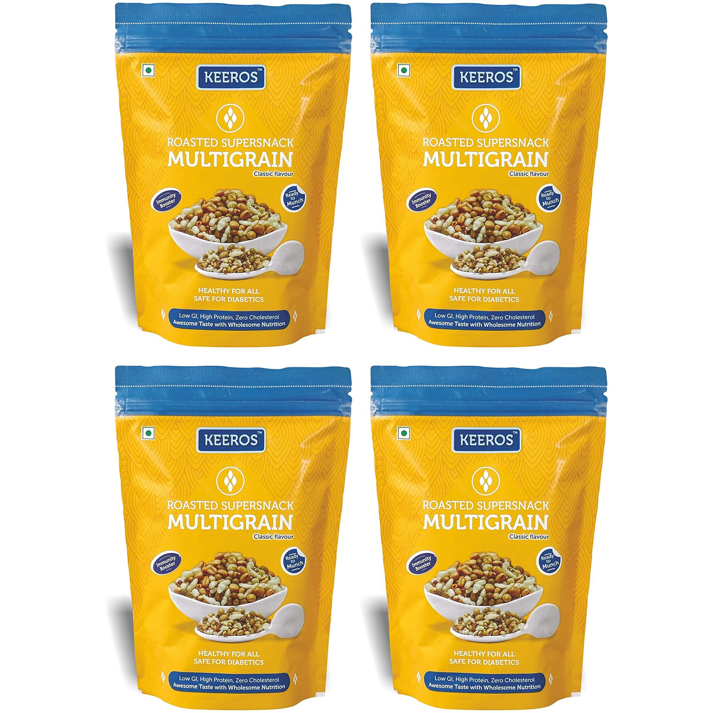 Keeros Multigrain Healthy & Diabetic Friendly Roasted Snacks | Low GI, Crispy, Tasty & Lightly Salted Mix of Pearl Millets & 5 supergrains | Diet Namkeen & Snacks for Weight Loss | Pack of 4x400g