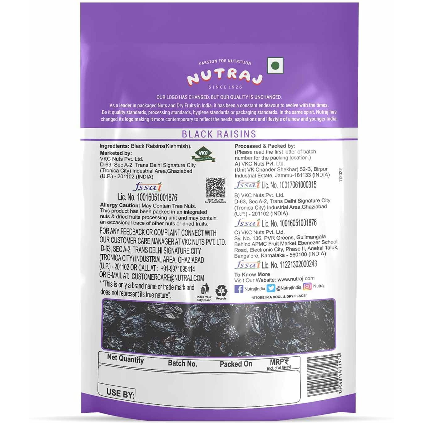Nutraj Raisin (Kishmish) (Black Raisin, Pack Of 4 (200 Gram X 4)), Fresh