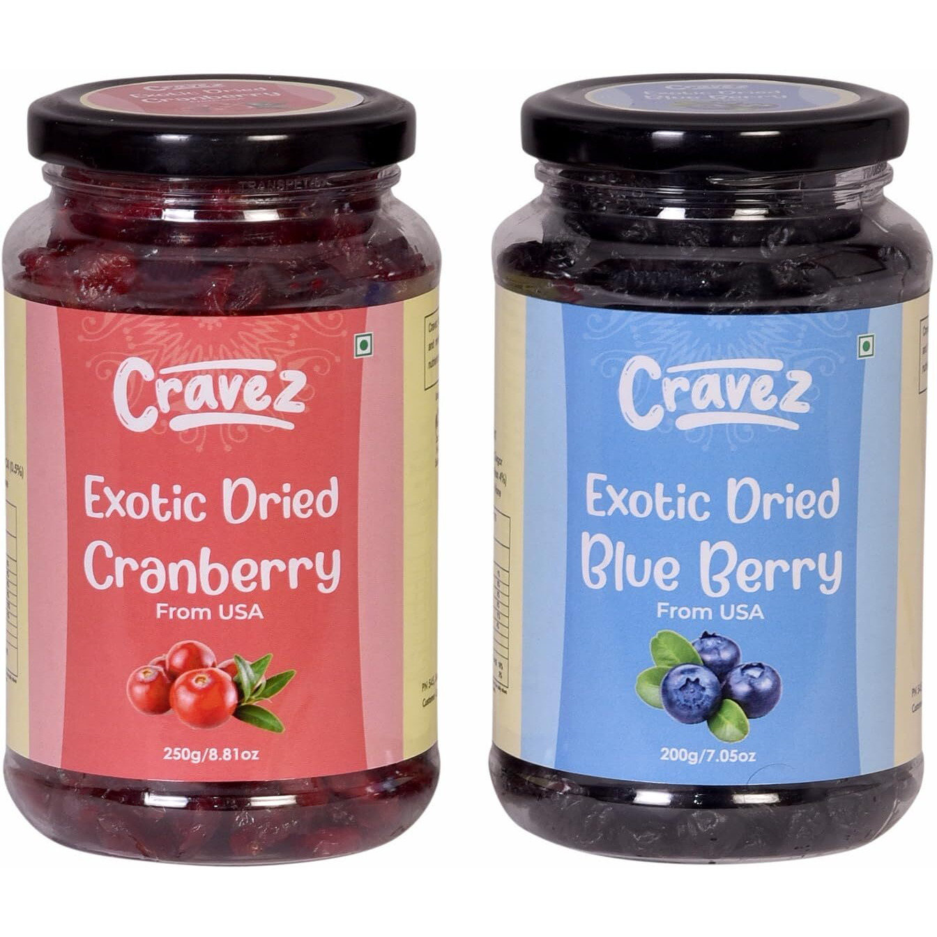 Cravez Premium Exotic Dried Fruits Berries mix for gifting | Cranberry 250 Gm & Exotic Dried Blue Berry 200 Gm (Total 450 Gm) | Healthy & Tasty, Rich in Calcium and Vitamin K