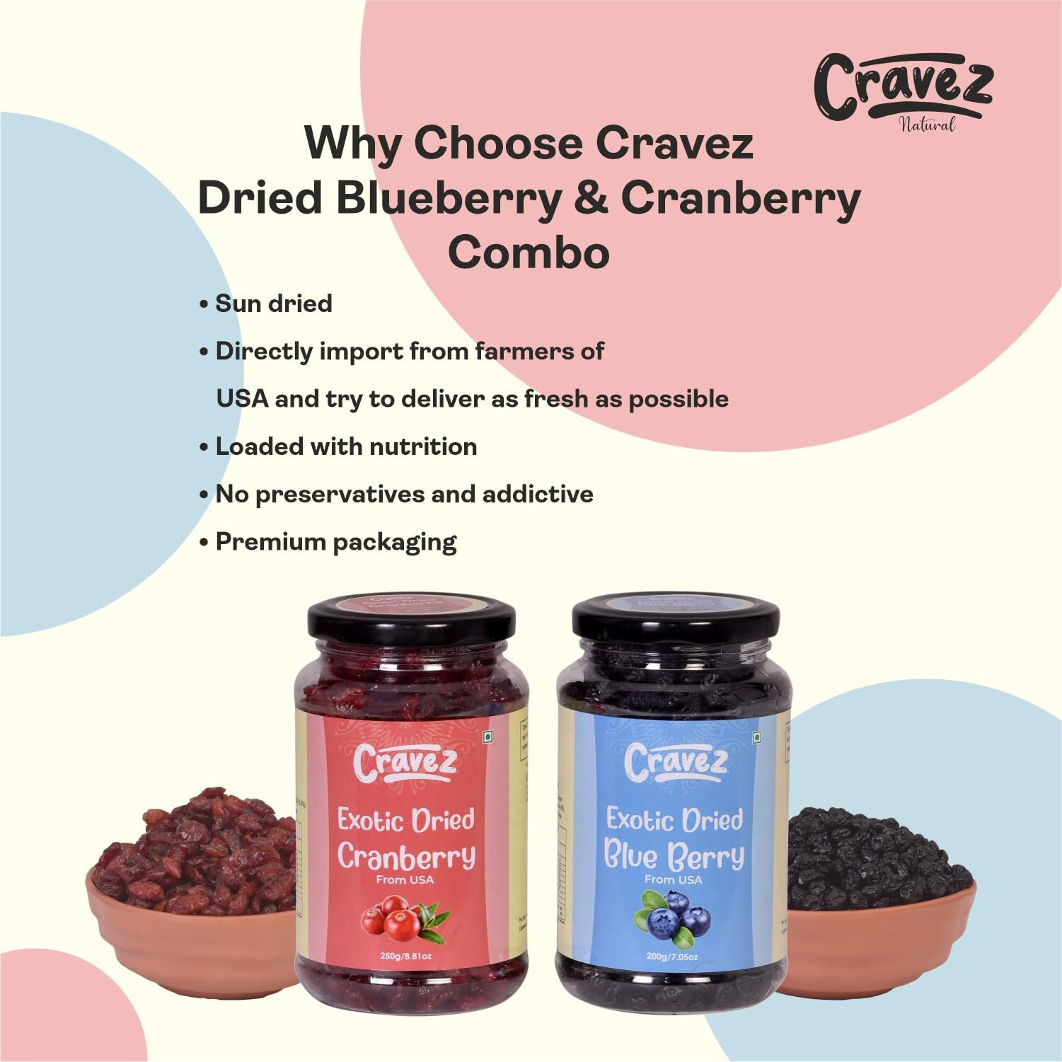 Cravez Premium Exotic Dried Fruits Berries mix for gifting | Cranberry 250 Gm & Exotic Dried Blue Berry 200 Gm (Total 450 Gm) | Healthy & Tasty, Rich in Calcium and Vitamin K