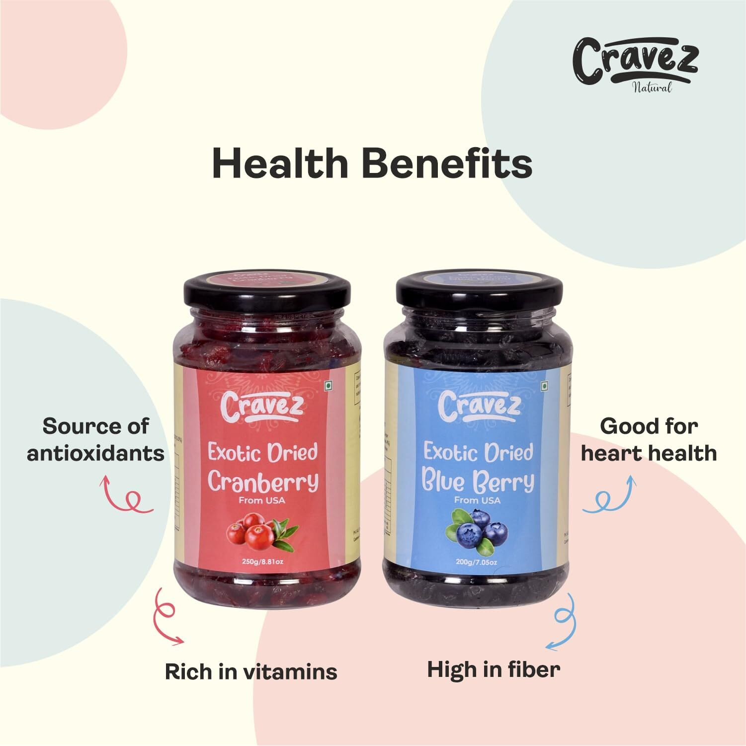 Cravez Premium Exotic Dried Fruits Berries mix for gifting | Cranberry 250 Gm & Exotic Dried Blue Berry 200 Gm (Total 450 Gm) | Healthy & Tasty, Rich in Calcium and Vitamin K