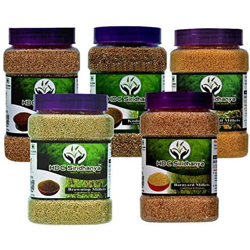 HDC Siridhanya Unpolished Millets Prepared By Buchhi Method, Pack Of 5, Foxtail 700Gm, Brown Top 700Gm, Kodo 700Gm, Barnyard 700Gm, & Little 700Gm, Packed In Jar, Naturally Grown From Karnataka