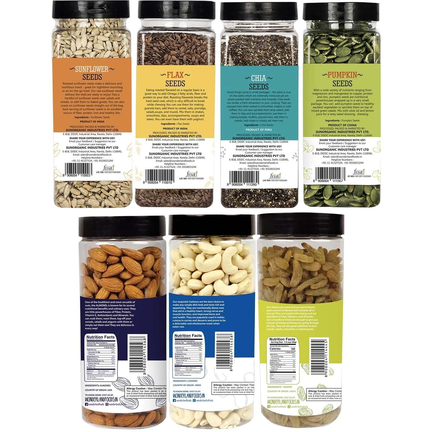WONDERLAND FOODS (DEVICE) Dry Fruits Combo Almond 500g, Cashew 500G, Raisins 500G, Pumpkin seeds200G, Chia Seeds200G, Sunflower Seed200G, Flax Seed200