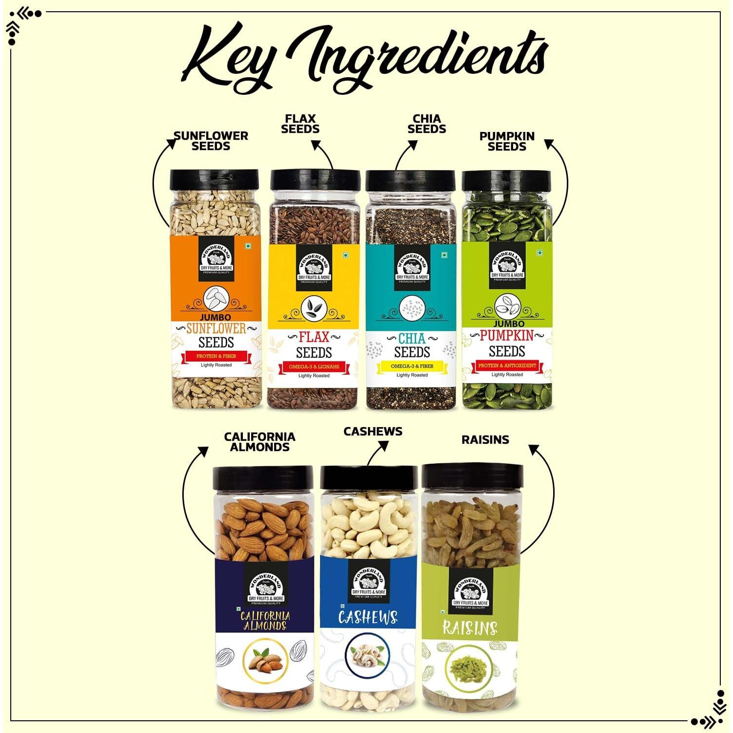 WONDERLAND FOODS (DEVICE) Dry Fruits Combo Almond 500g, Cashew 500G, Raisins 500G, Pumpkin seeds200G, Chia Seeds200G, Sunflower Seed200G, Flax Seed200