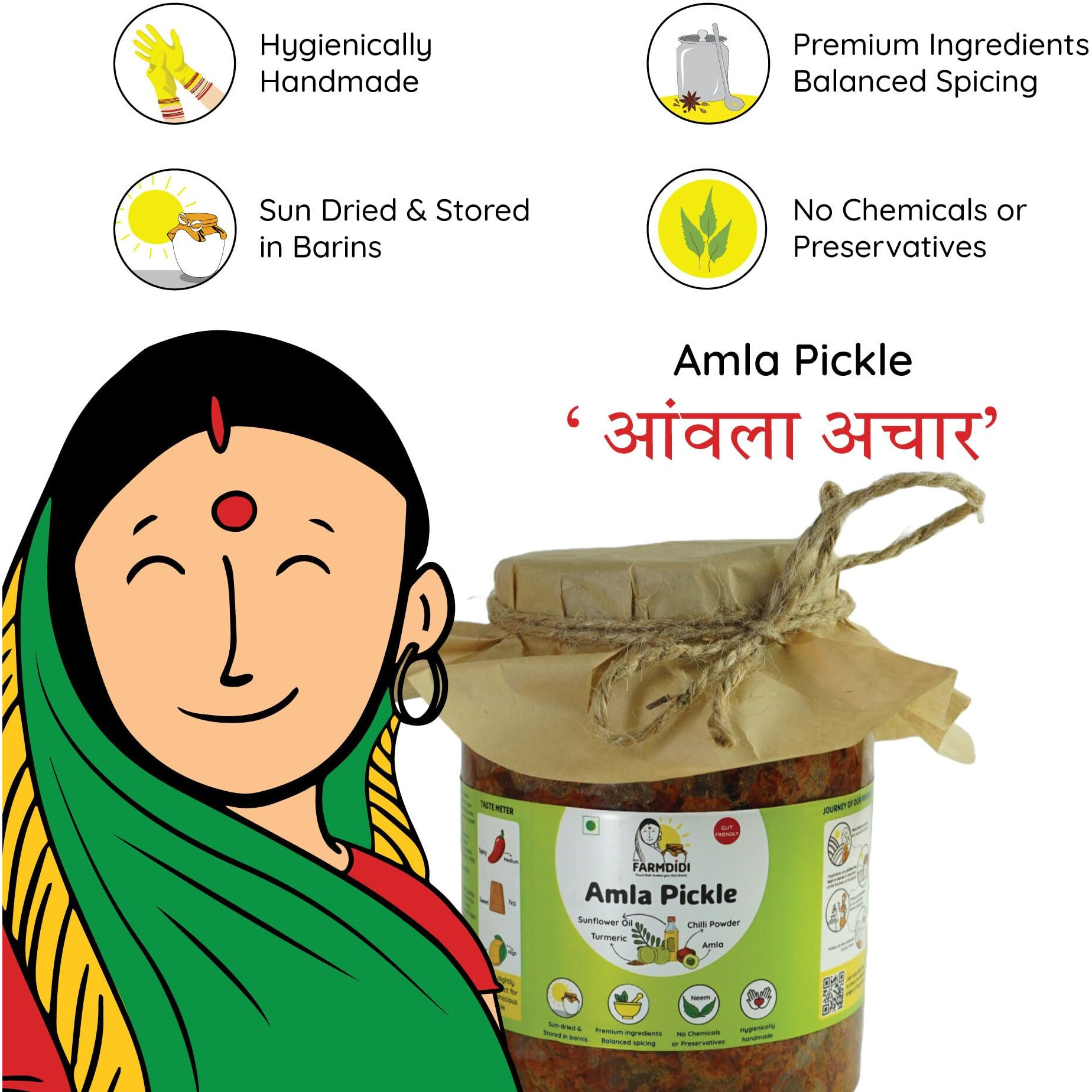 FarmDidi Amla Achar Awle ka Achaar 1kg | Homemade Indian Gooseberry Pickle Seedless without Onion & Garlic | Preservative Free | Tangy Amle ka achar | Less Oil | Traditional Home made Awla ka achar