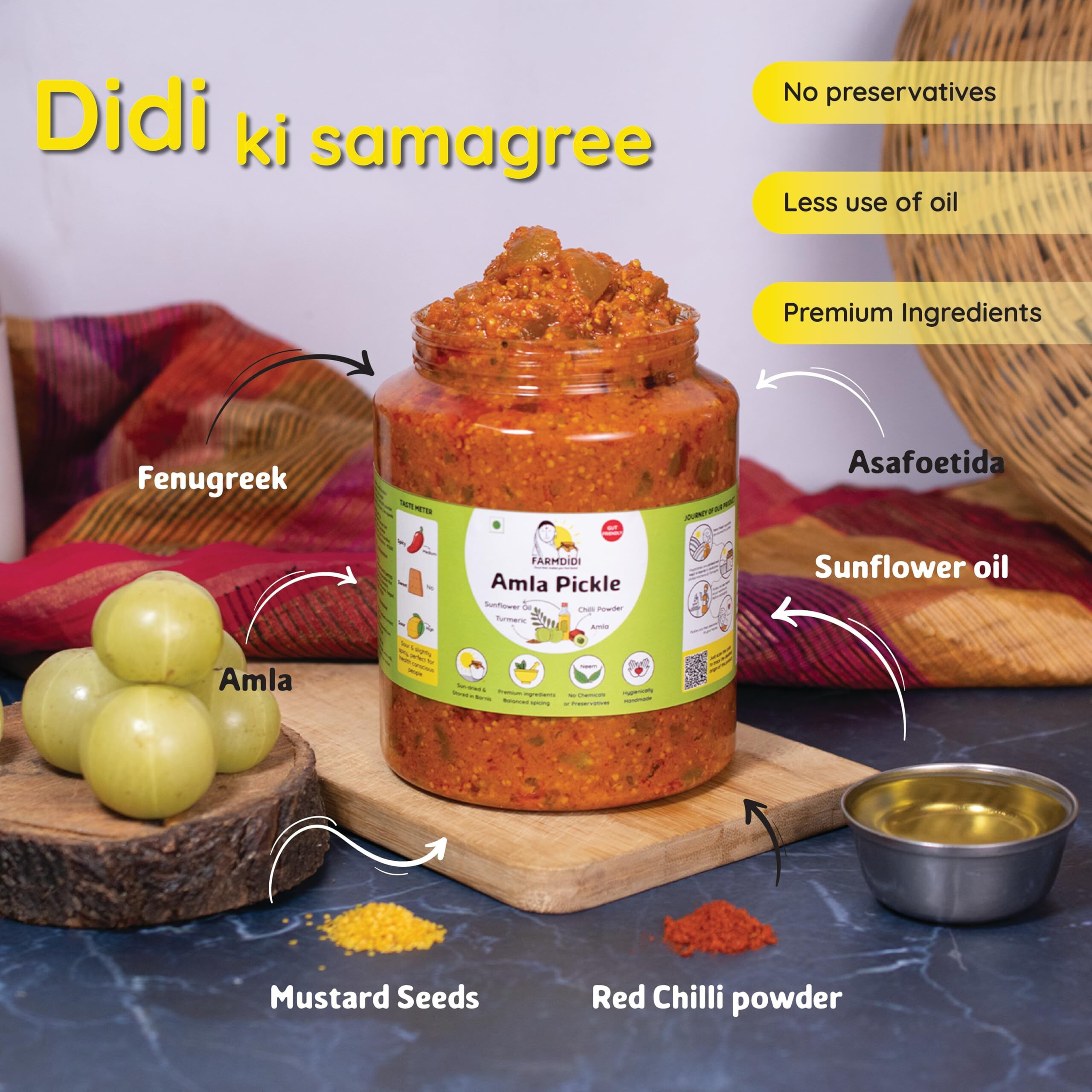 FarmDidi Amla Achar Awle ka Achaar 1kg | Homemade Indian Gooseberry Pickle Seedless without Onion & Garlic | Preservative Free | Tangy Amle ka achar | Less Oil | Traditional Home made Awla ka achar