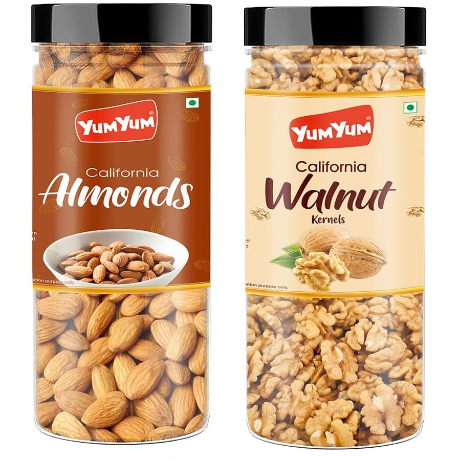 YUM YUM Dry Fruits 300 Gm Combo Pack - Badam 150 Gm, Akhrot Giri 150 Gm Jar Each - Almonds, Walnuts