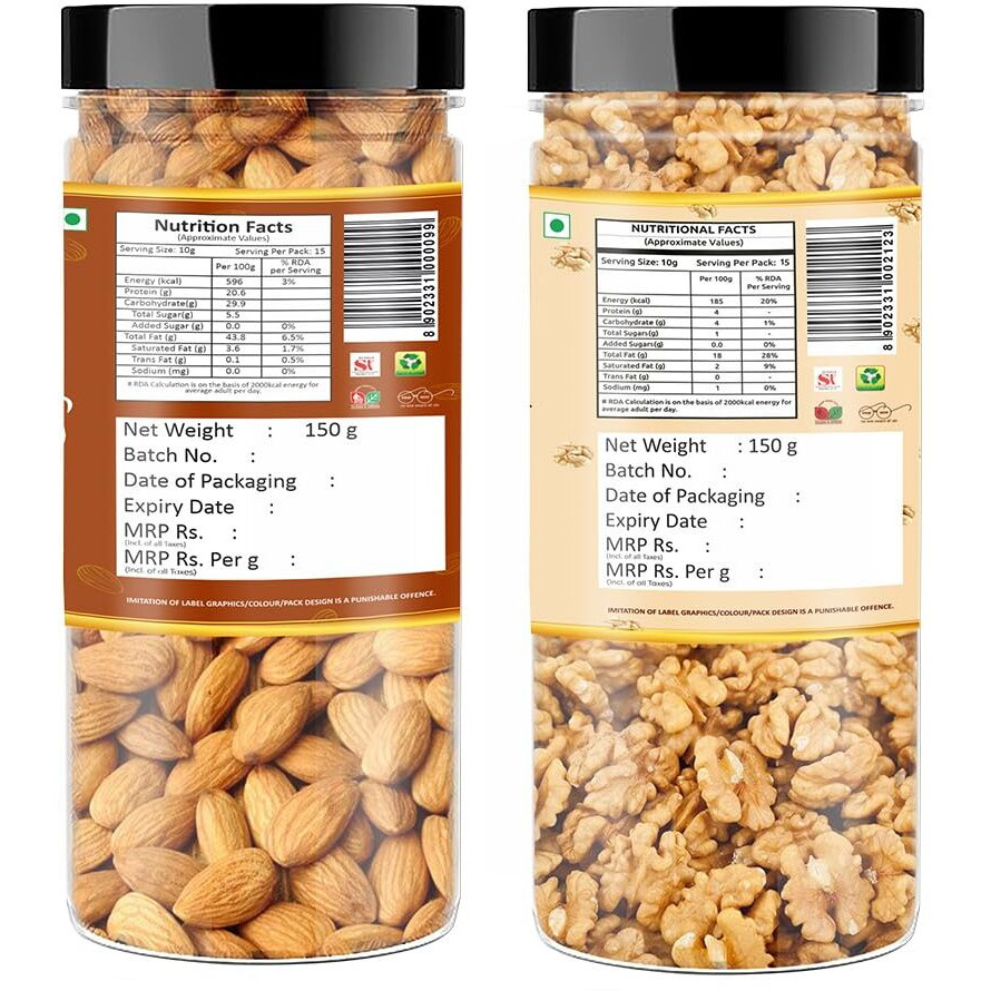 YUM YUM Dry Fruits 300 Gm Combo Pack - Badam 150 Gm, Akhrot Giri 150 Gm Jar Each - Almonds, Walnuts