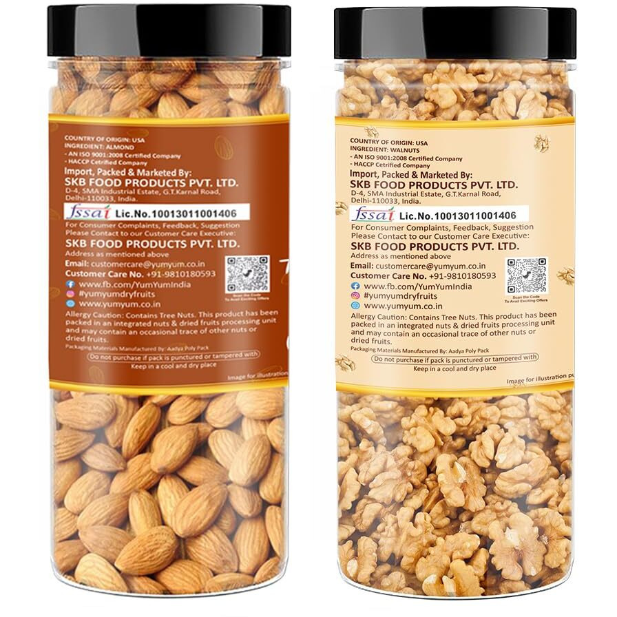 YUM YUM Dry Fruits 300 Gm Combo Pack - Badam 150 Gm, Akhrot Giri 150 Gm Jar Each - Almonds, Walnuts