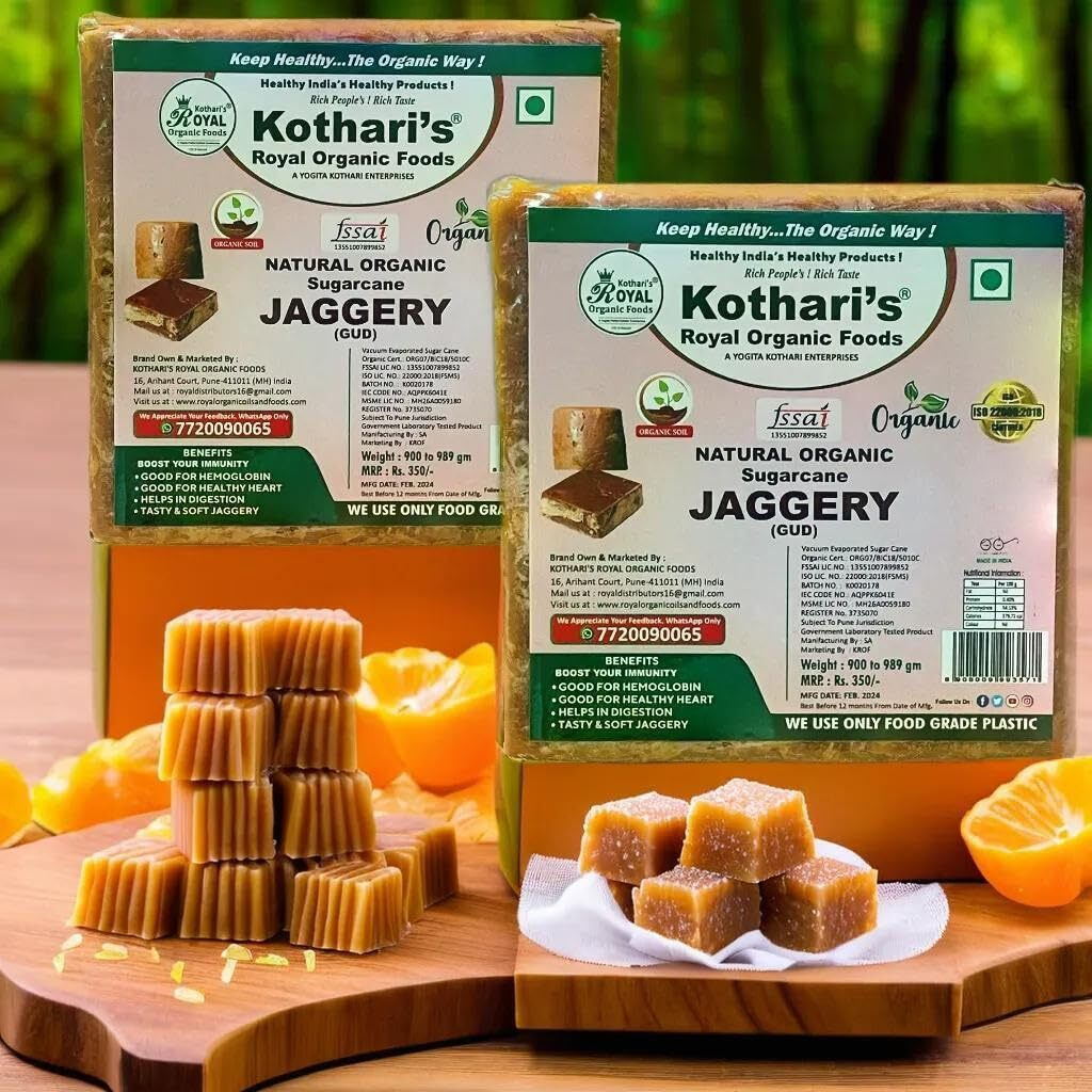 Kotharis Royal Organic Square Jaggery Pack Of 2 1980 GM Sugarcane Jaggery Block/Gud/Gur/Gud Bhelli/Vellam/Sharkara Bellam/Nattu/Jaggey/Pure/Natural/No Preserveti