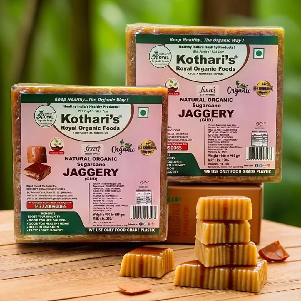 Kotharis Royal Organic Square Jaggery Pack Of 2 1980 GM Sugarcane Jaggery Block/Gud/Gur/Gud Bhelli/Vellam/Sharkara Bellam/Nattu/Jaggey/Pure/Natural/No Preserveti