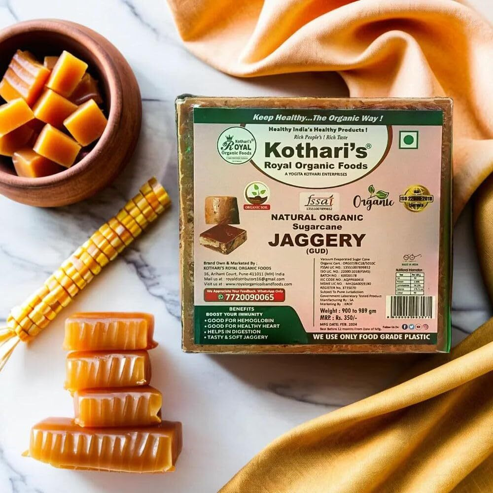 Kotharis Royal Organic Square Jaggery Pack Of 2 1980 GM Sugarcane Jaggery Block/Gud/Gur/Gud Bhelli/Vellam/Sharkara Bellam/Nattu/Jaggey/Pure/Natural/No Preserveti