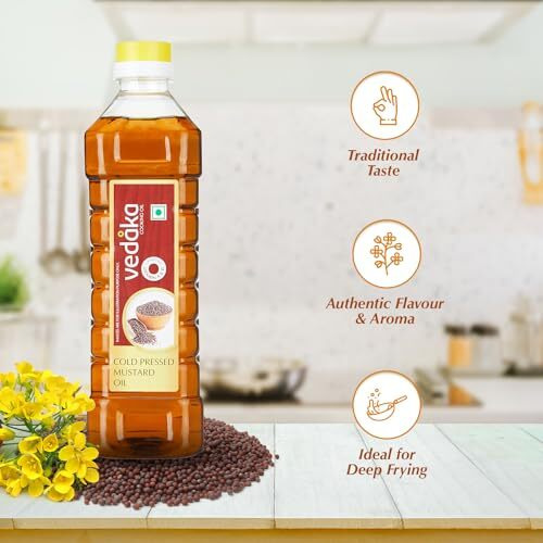 Amazon Brand - Vedaka Cold Pressed Mustard Oil (1 litre) | Cooking Oil | Omega 3 | 100% Vegetarian Oil