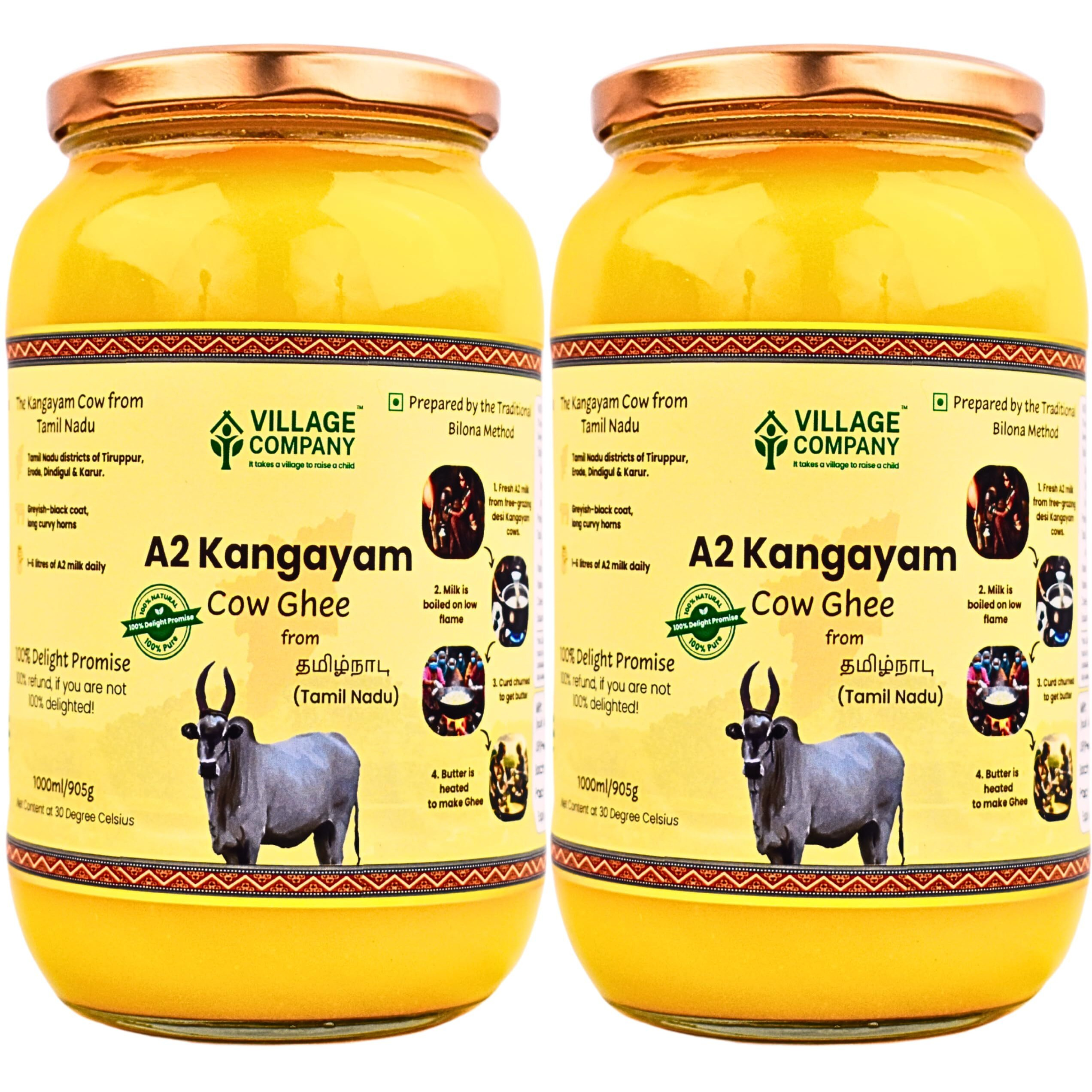 VILLAGE COMPANY A2 Bilona Desi Cow Ghee | Bilona Method | Premium, Organic, Traditional | Grass Fed | Kangayam Desi Cow | Lab-Certified | Glass Jar 1 Litre (Pack of 2)
